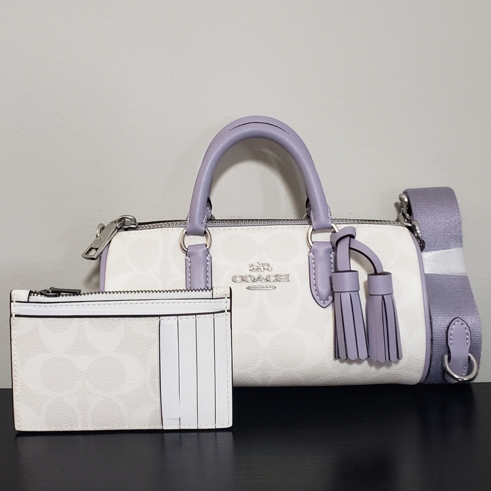 NWT! COACH WHITE AND PURPLE LACEY CROSSBODY BAG & MATCHING CARD CASE SET